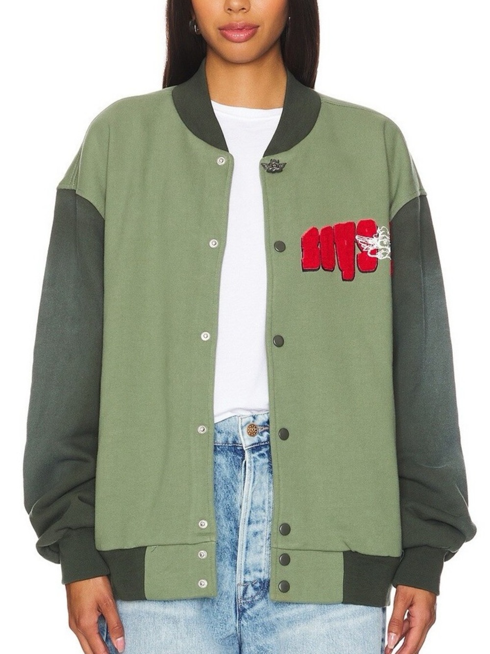 Boys Lie B Shock Olive Green Two-Tone Varsity Jacket with Red Patch